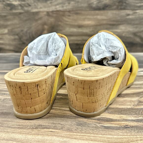 NIB Earth Willow 8.5M Yellow Leather Slip On Cork Platform Wedge Slide Sandal - Picture 7 of 10